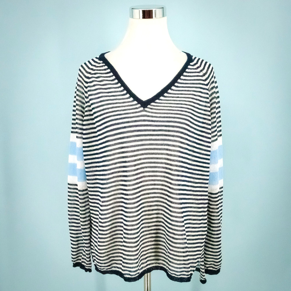 525 America Size Medium M Blue White Stripe Nautical V Neck Linen Blend Sweater